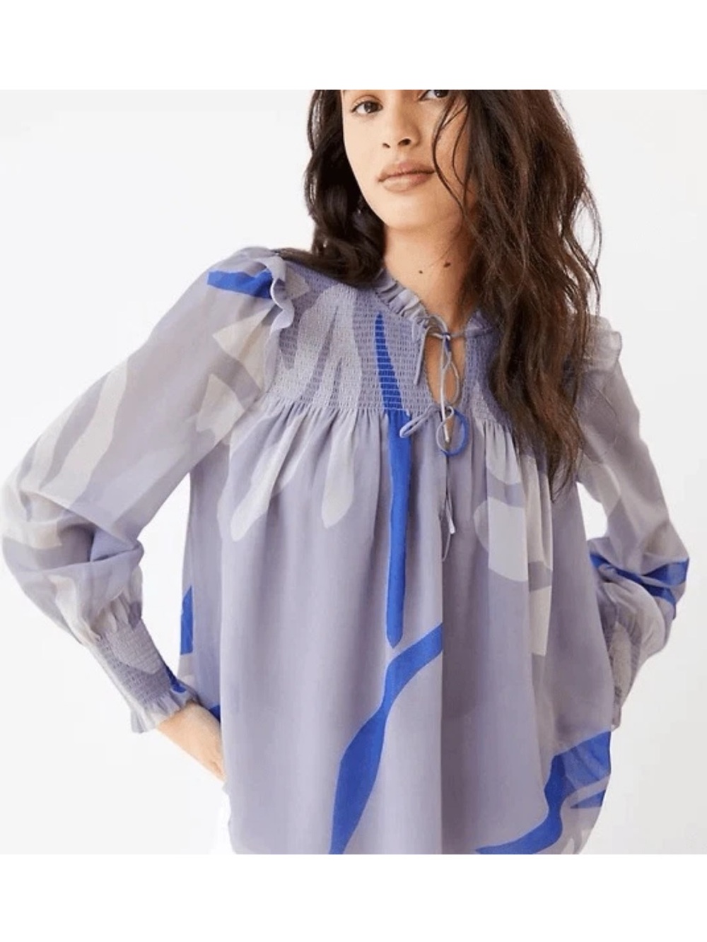 WILFRED ARITZIA Castello Blouse Lavender Abstract Print Tie Neck Top Size Small